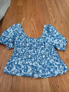 GAP Blue and White Floral Smocked Peplum Blouse - Women's